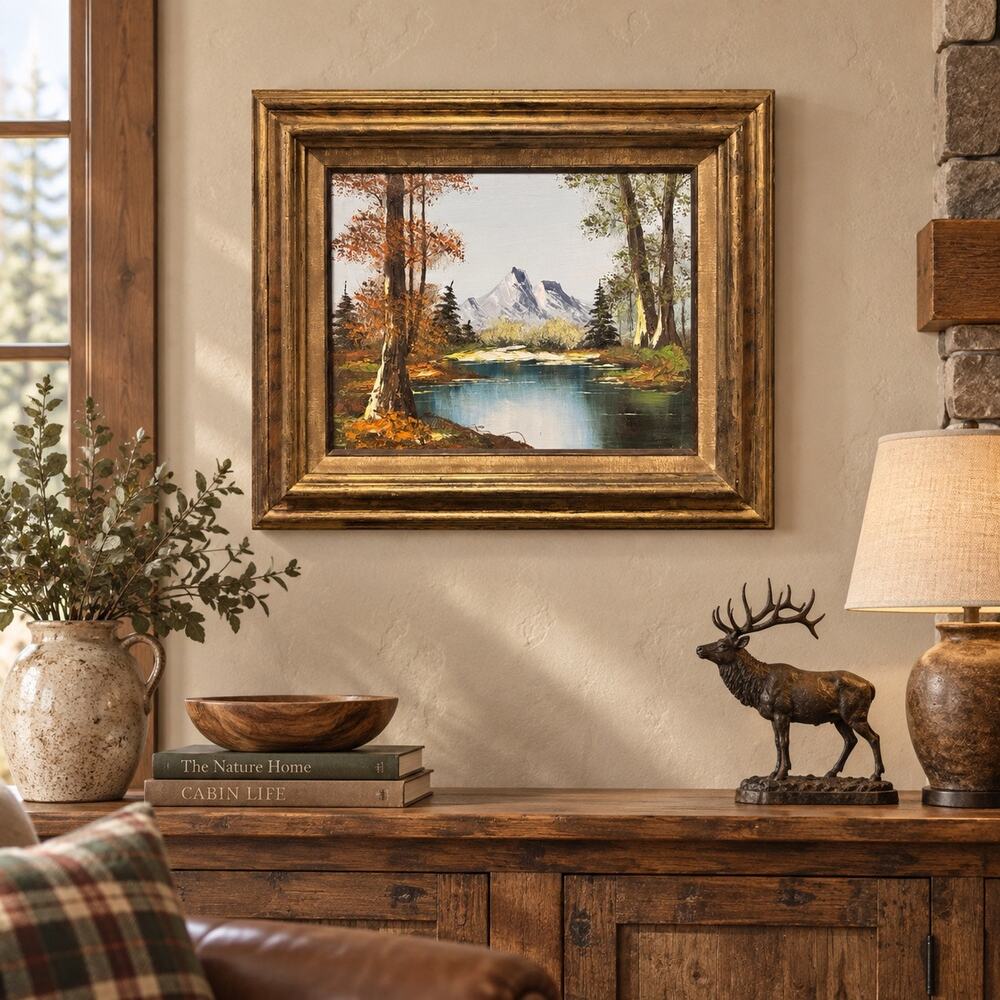 Vintage Signed Herman Oil Painting Mountain Lake Landscape Framed 26 x 22